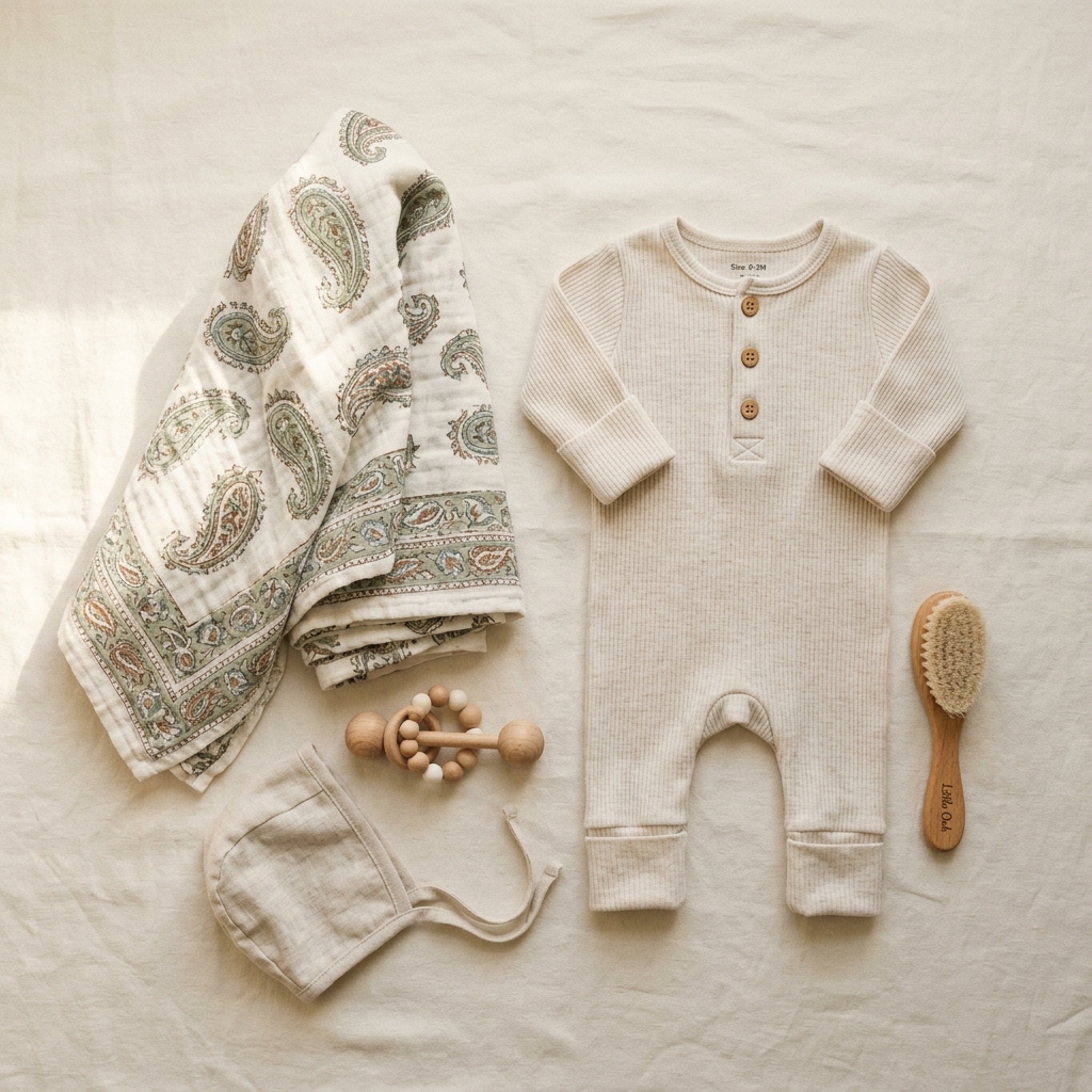 A curated flat lay of going home newborn clothes